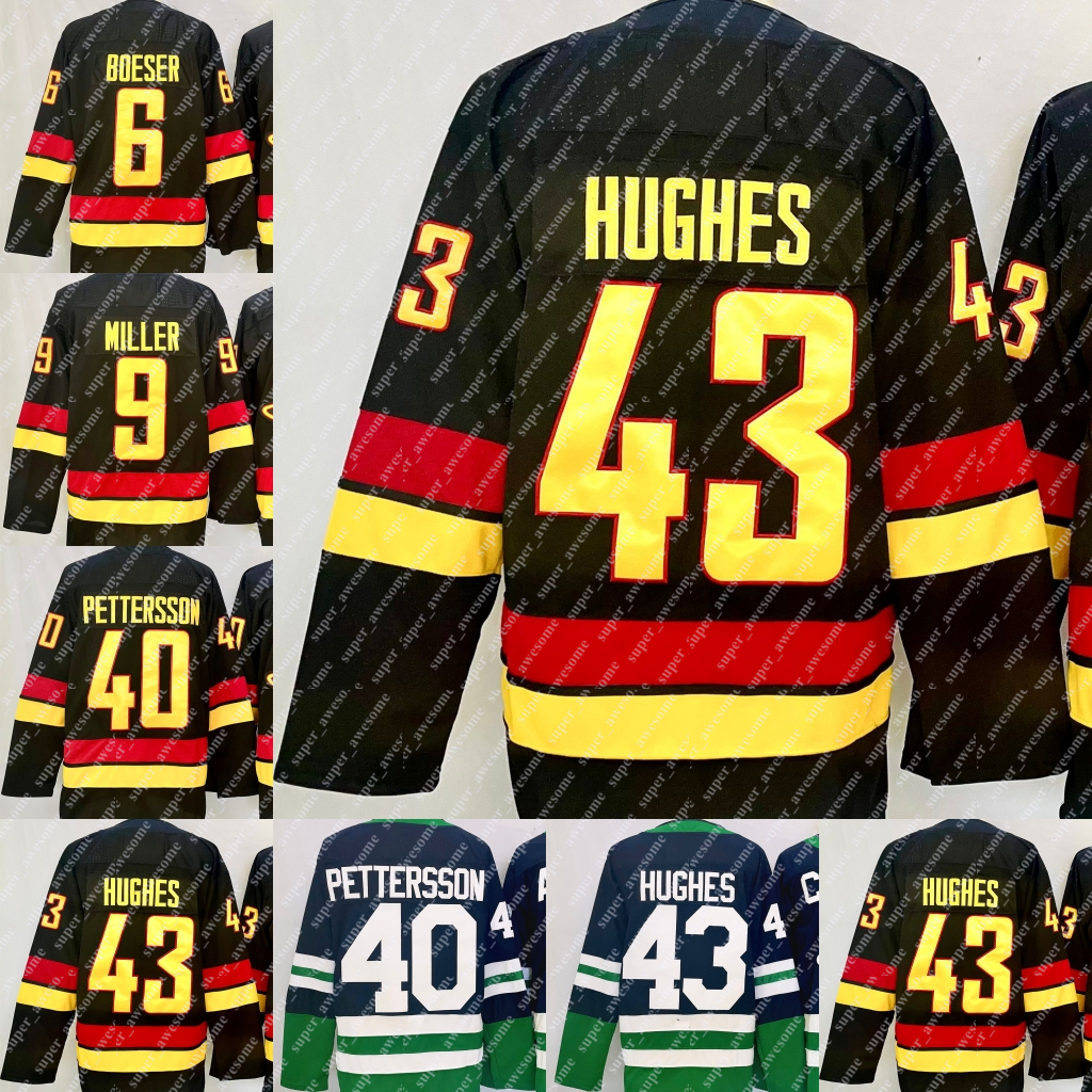 43 Quinn Hughes Jersey Elias Pettersson Brock Boeser J.T. Miller Hockey Jerseys Black Green Stitched