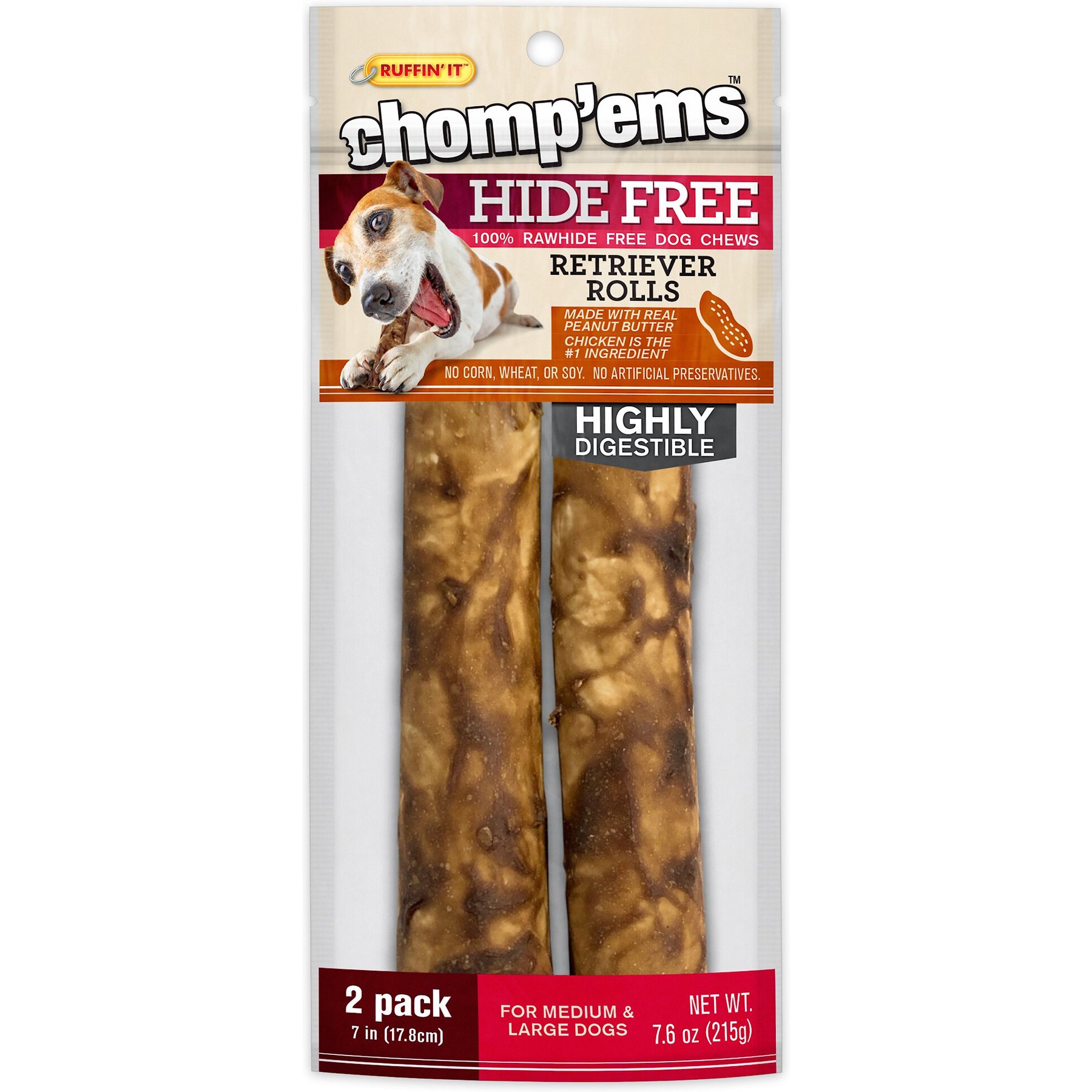 Chomp'ems 7" Hide-Free Peanut Butter Rolls Dog Treats, 2 count