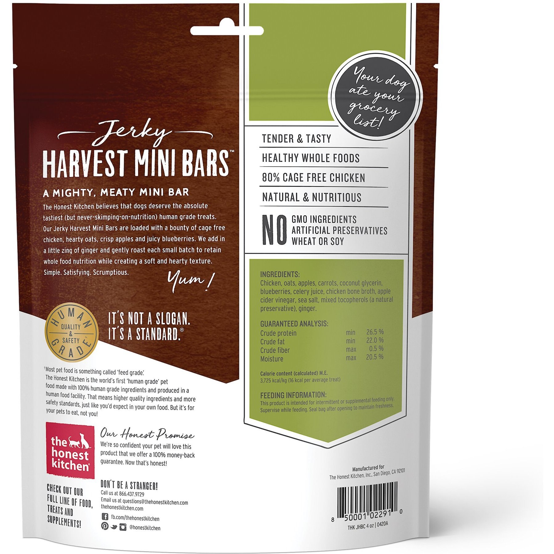The Honest Kitchen Jerky Harvest Mini Bars Chicken Recipe with Apples & Blueberries Dog Treats, 4-oz bag