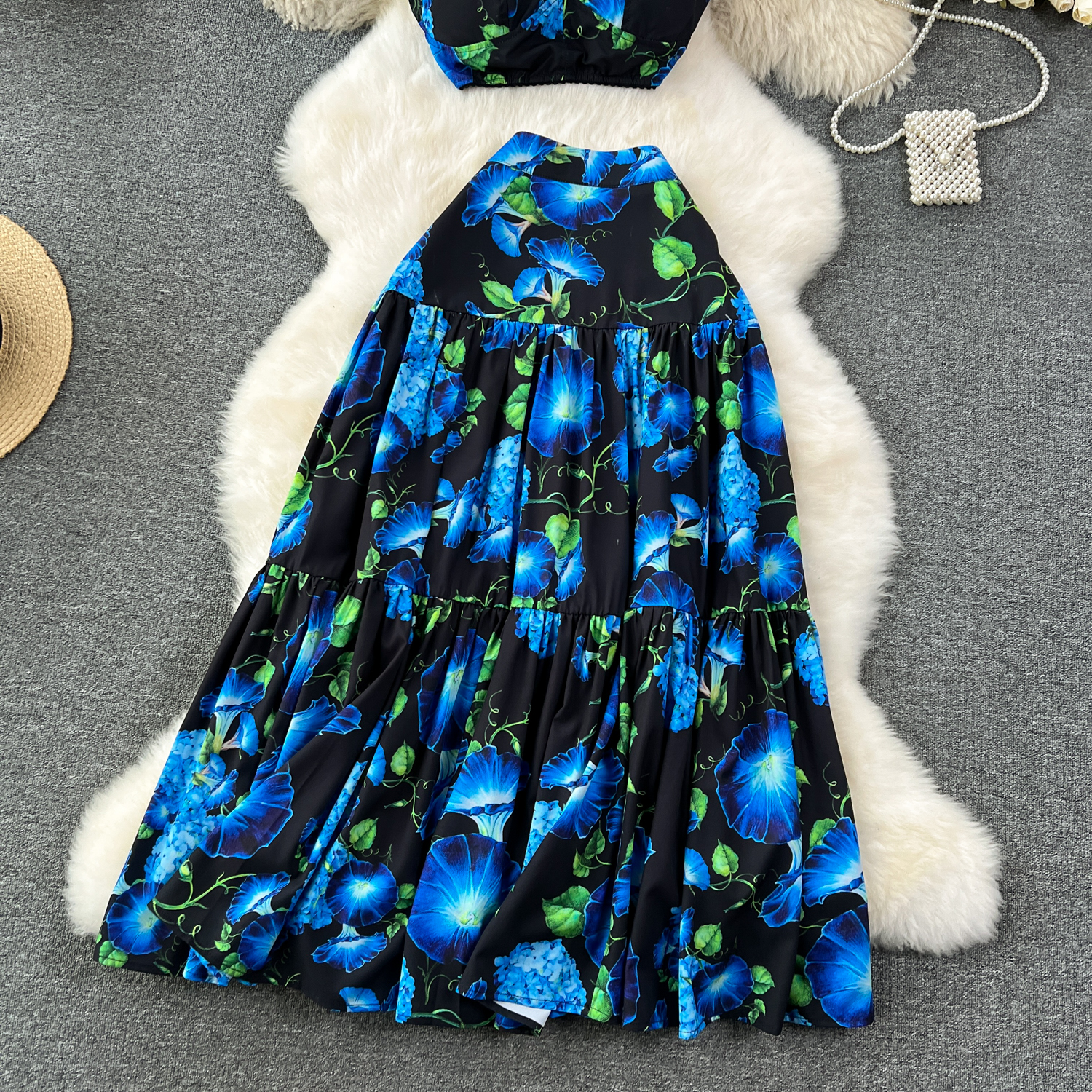 Dress Summer Bohemian Two Piece Set Women's Spaghetti Strap Padded V Neck Short Crop Top Wer Print Long Maxi Skirts Suits