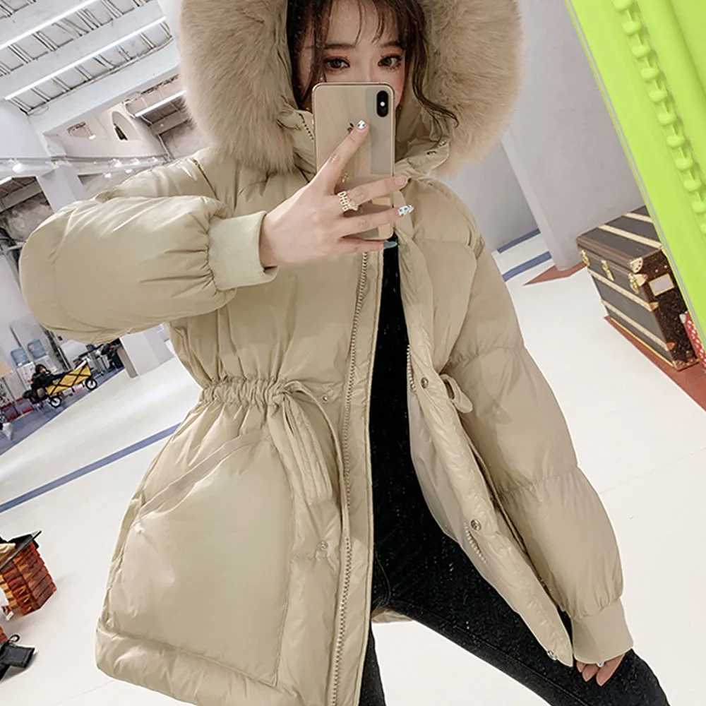 2023 Winter New Cotton Jacket Womens Big Fur Collar Cotton Coat Hooded Park Womens Thick Warm Medium to Long Coat X241120