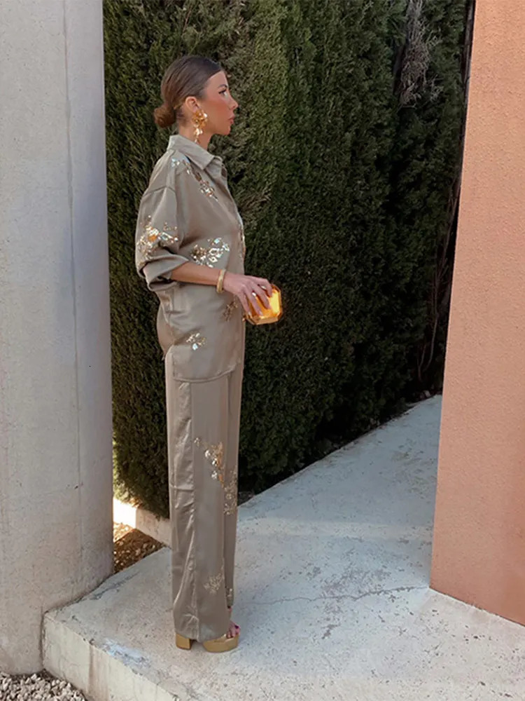 Fashion Casual Sequinned Shirt Suit For Women Chic Lapel Long Sleeves Top Elastic Waist Long Pants Set Spring Lady Elegant Suits 240420