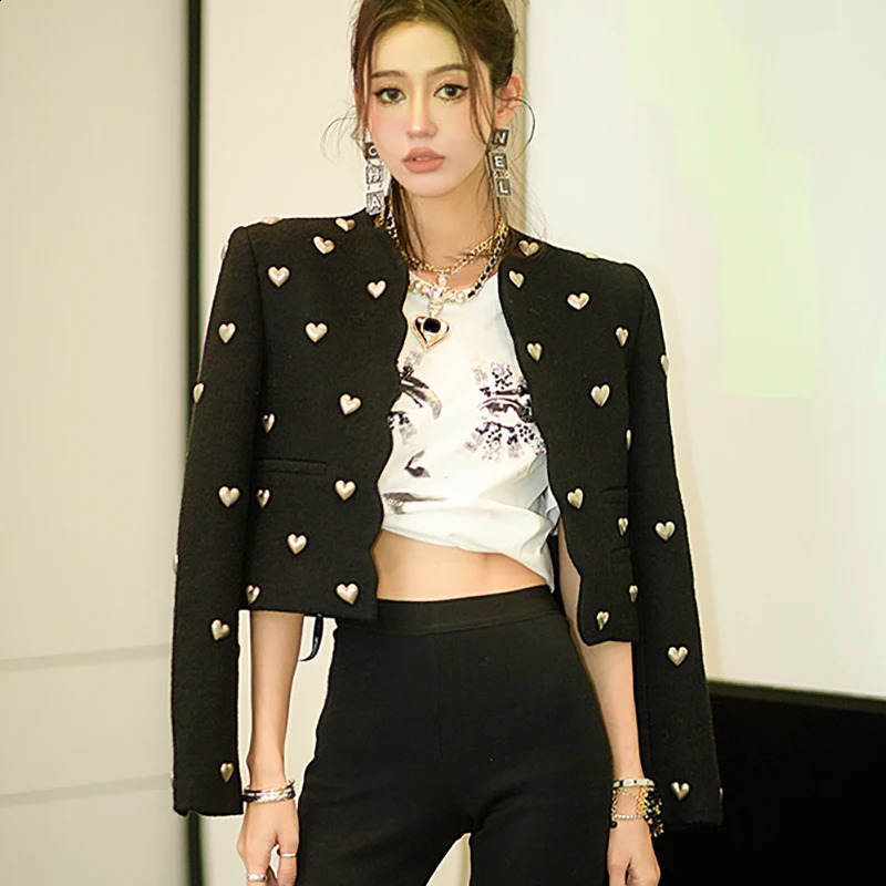 Fashion womens coarse woolen jacket er O-neck long sleeved wool jacket autumn winter jacket retro Korean 241120