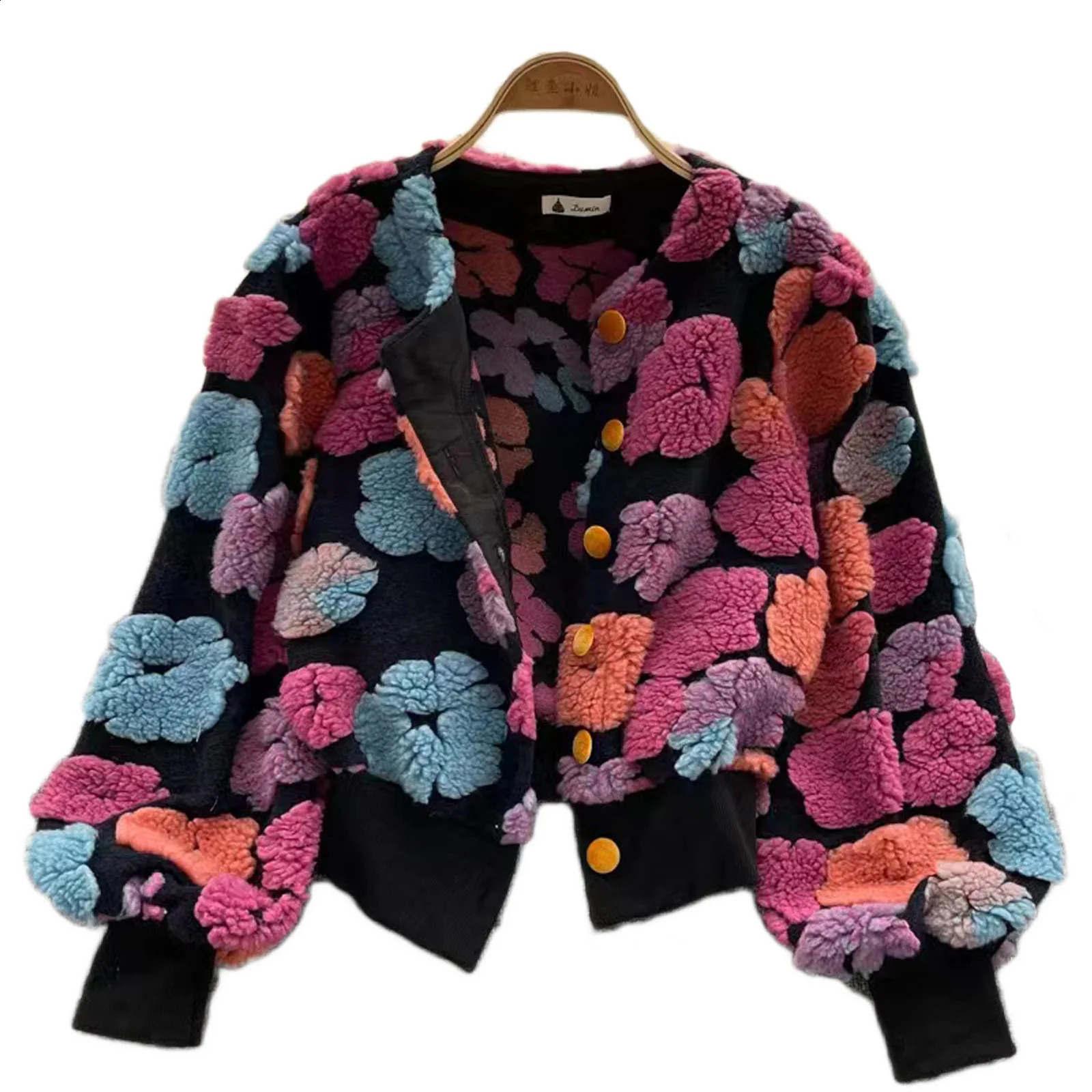 Winter Retro Plush Wool Flowers Embroidery Cardigan Ins Coat Long Sleeved Crop Y2K Streetwear Fur Womens 3D Flower Bomber Jacket 241121