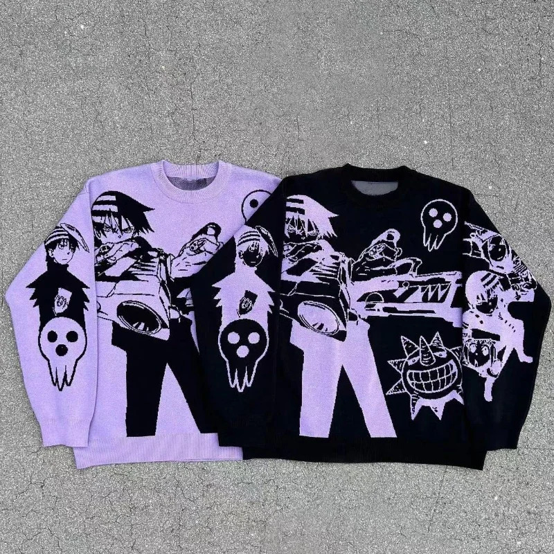 Y2K Sweater Jeans Two Piece Sets Men Women Oversize Anime Graphic Knitwear Embroidery Pullover Haruku Punk Streetwear Trousers 240415