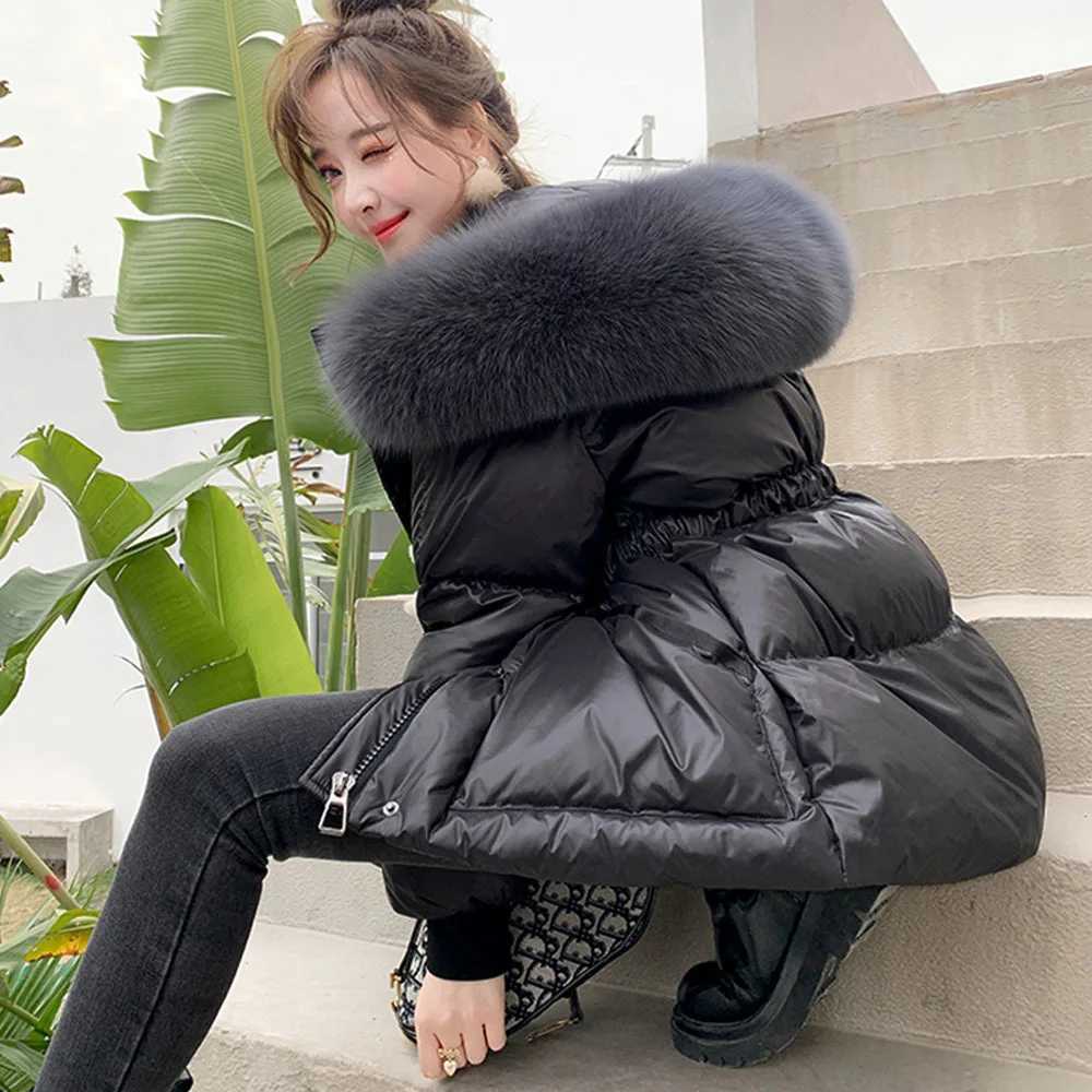 2023 Winter New Cotton Jacket Womens Big Fur Collar Cotton Coat Hooded Park Womens Thick Warm Medium to Long Coat X241120