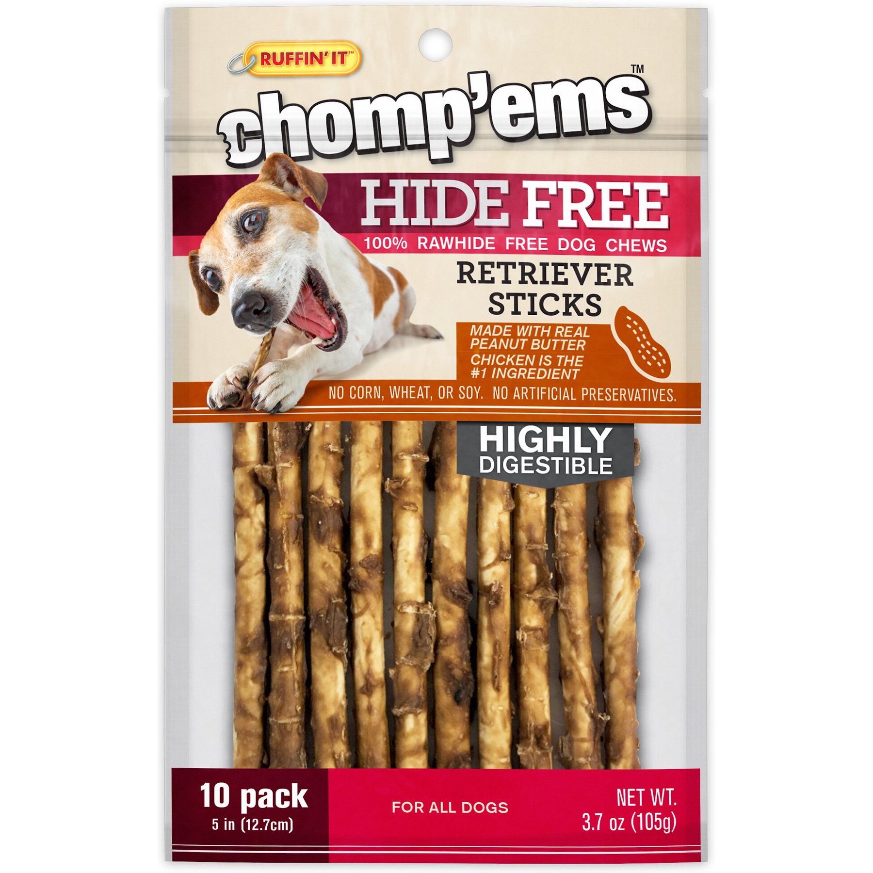 Chomp'ems Hide-Free Peanut Butter Sticks Dog Treats, 10 count