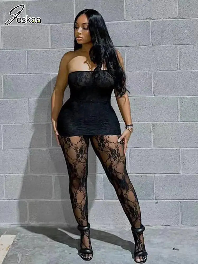 Joskaa Valentines Day Outfit For Women Black Red Lace Baddie 2 Piece Sets Outfits Year Sexy Leggings Club Party Outfit 240420