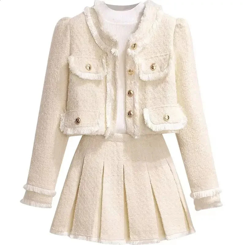 Vintage Cropped Blazers Mini Skirts 2pcs Set Koean Women Long Sleeved Jackets Tops with High Waist Pleated A-line Skirt Suits 241121