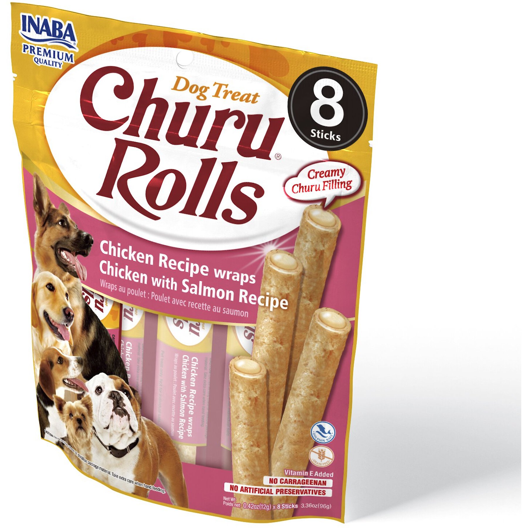 Inaba Churu Rolls Chicken with Salmon Recipe Grain-Free Soft & Chewy Dog Treats, 0.42-oz, pack of 8