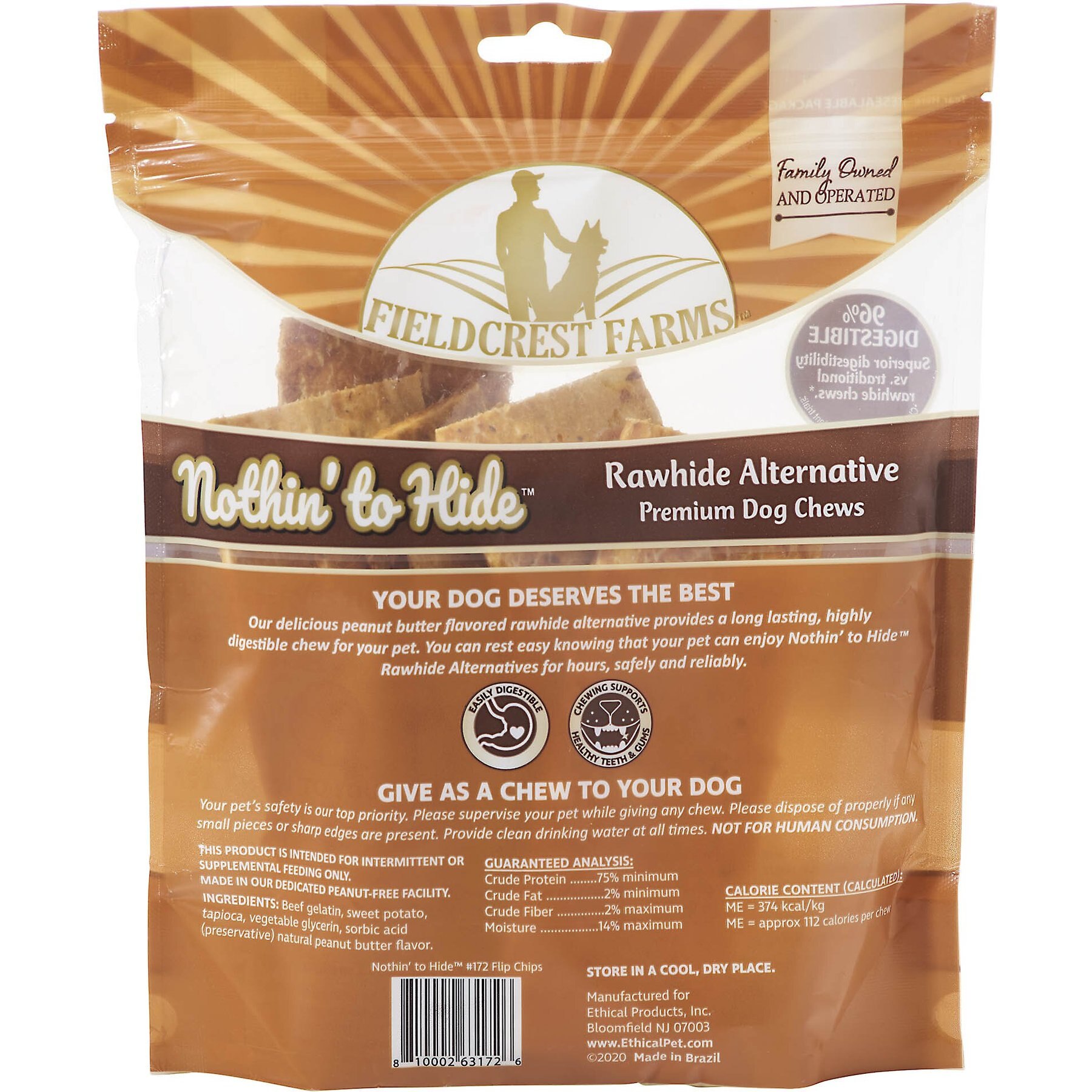 Fieldcrest Farms Nothin' To Hide Rawhide Alternative Premium Dog Chews Flip Chips Peanut Butter Flavor Natural Chew Dog Treats, 8 count