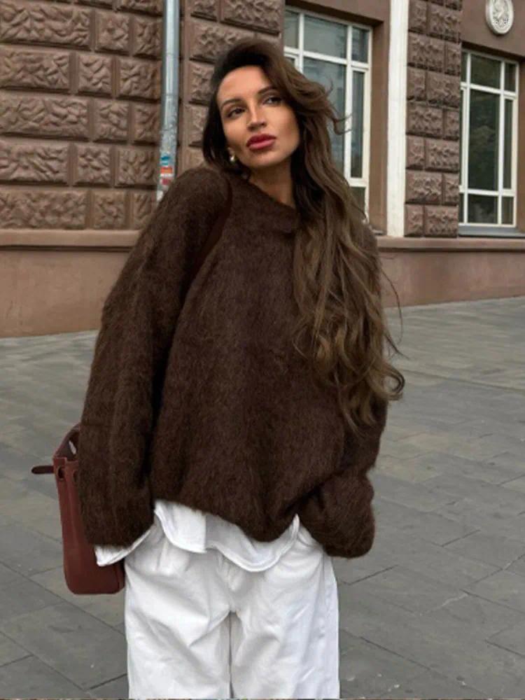Women's Mohair Pullover Sweater - Chocolate Brown, O-Neck, Long Sleeve, Loose Knit, Casual, Winter