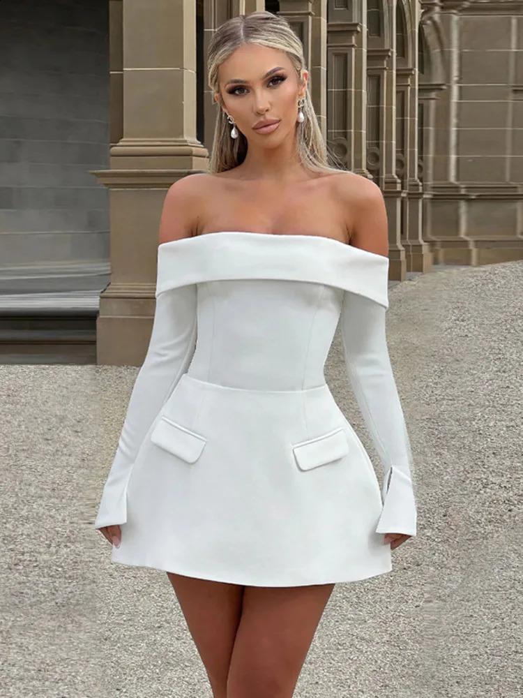 Mozision Off-shoulder Long Sleeve Sexy Mini Dress For Women Two Pocket Strapless Backless A-line Club Party Sexy Dress Elegant 241121