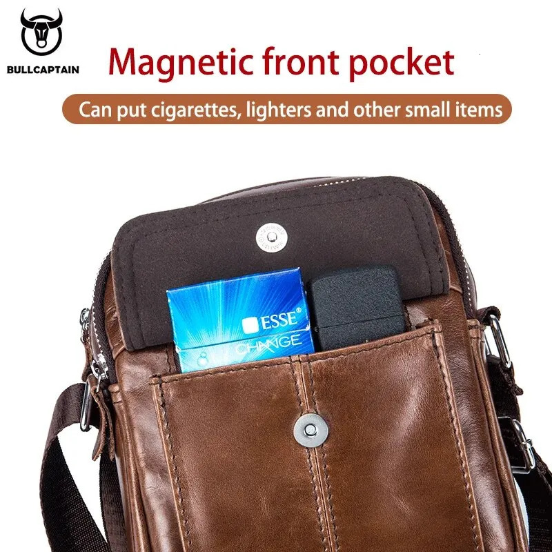BULLCAPTAIN Mens Leather Messenger Bag Retro Shoulder Bags Small Crossbody Purses Casual Sling Pack for Travel Handbag 240415
