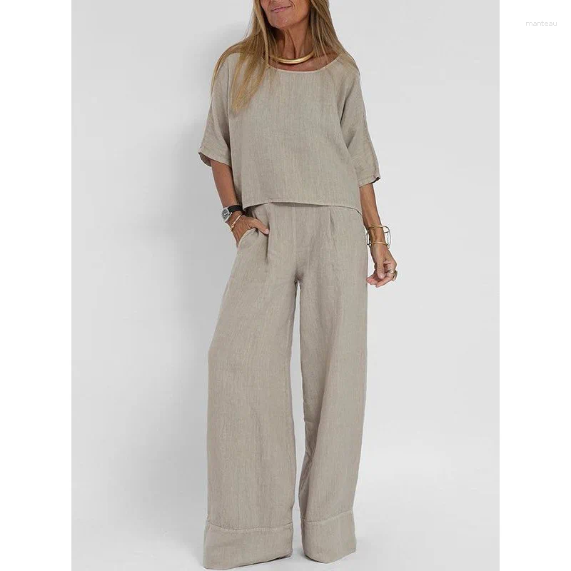 Women's Two Piece Pants Ladies Pockets Cotton-linen like fabric Set Casual Elastic Waist Trouser Suit Women O-neck Half Sleeve Shirt And Outfits 