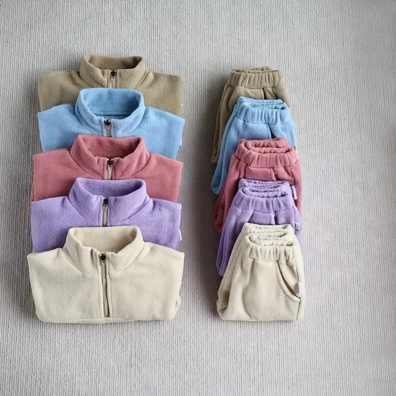 Winter Baby Sports Clothing 0-3T Girl Cute Solid Color Wool Hoodie Set Preschool Boy Loose Coat 2PCS 241121