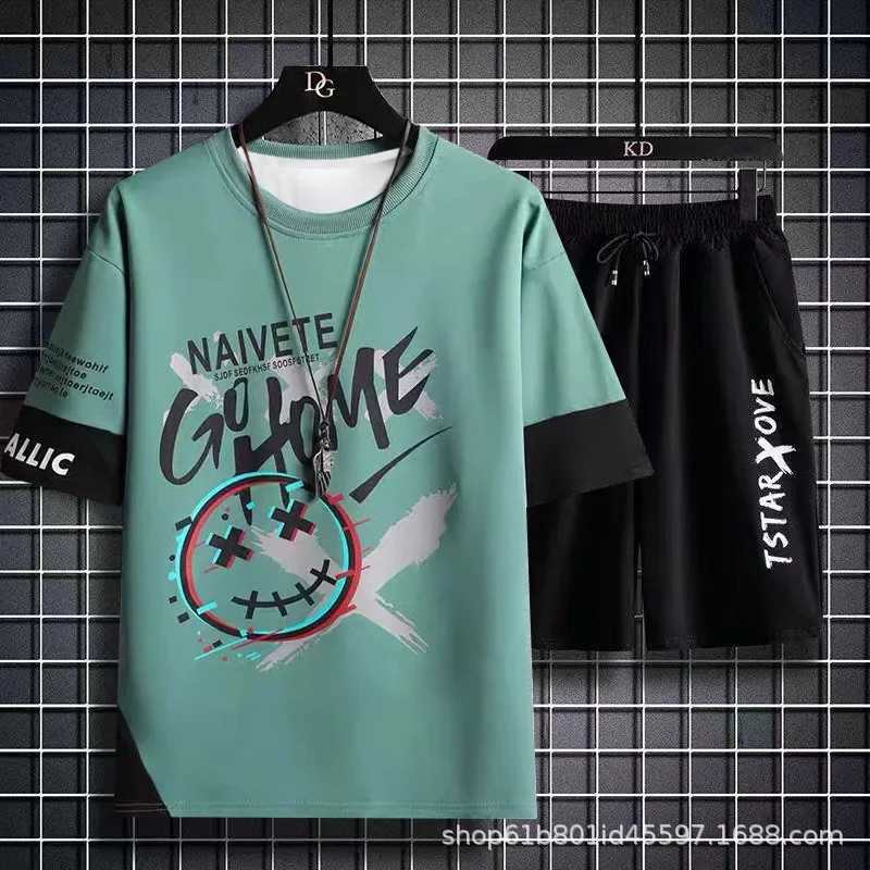 Men's T-Shirts Summer Mens Sets 2 Piece Set Tracksuits Tshirt for Men Casual Men Clothing Joggers Set Plaid T Shirt Shorts Men Outfit Set Y240420