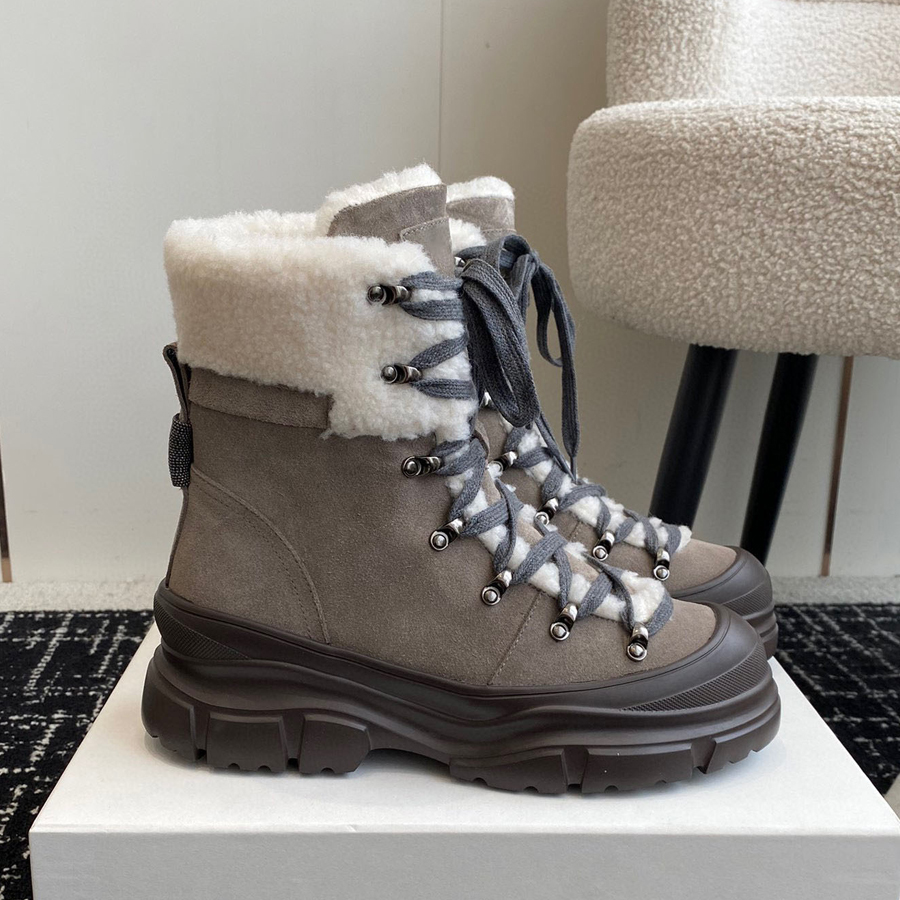 Top quality Suede Platform fur boots winter warm wool Snow boots Shearling fluffy furry Boots womens slip on shoes Luxury designer fur shoes Brown black gray 35-42