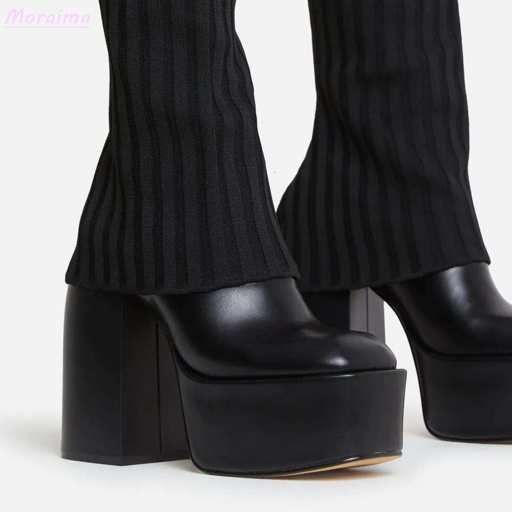 Knee-High Leather Platform Boots Layered Knit Pointed Toe hot White Shoes