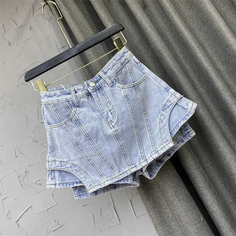 Skirts 2023 Autumn Y2K HOT Womens Shorts Fashion High Waist Spliced Solid Color Irregular A-line Wide Leg Denim Shorts Skirts Female Y240420