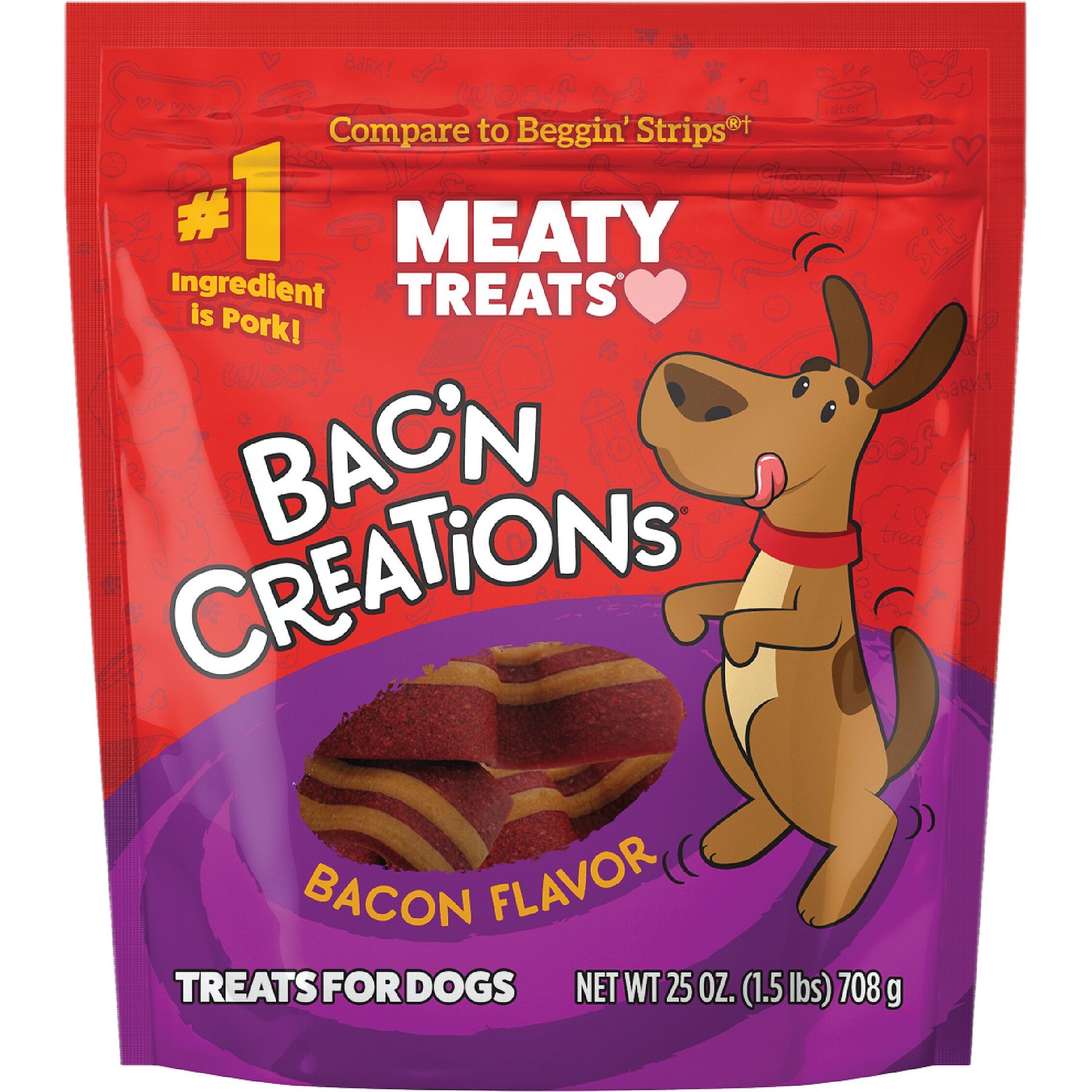 Meaty Treats Bac'n Creations Bacon Flavor Strips Soft & Chewy Dog Treats