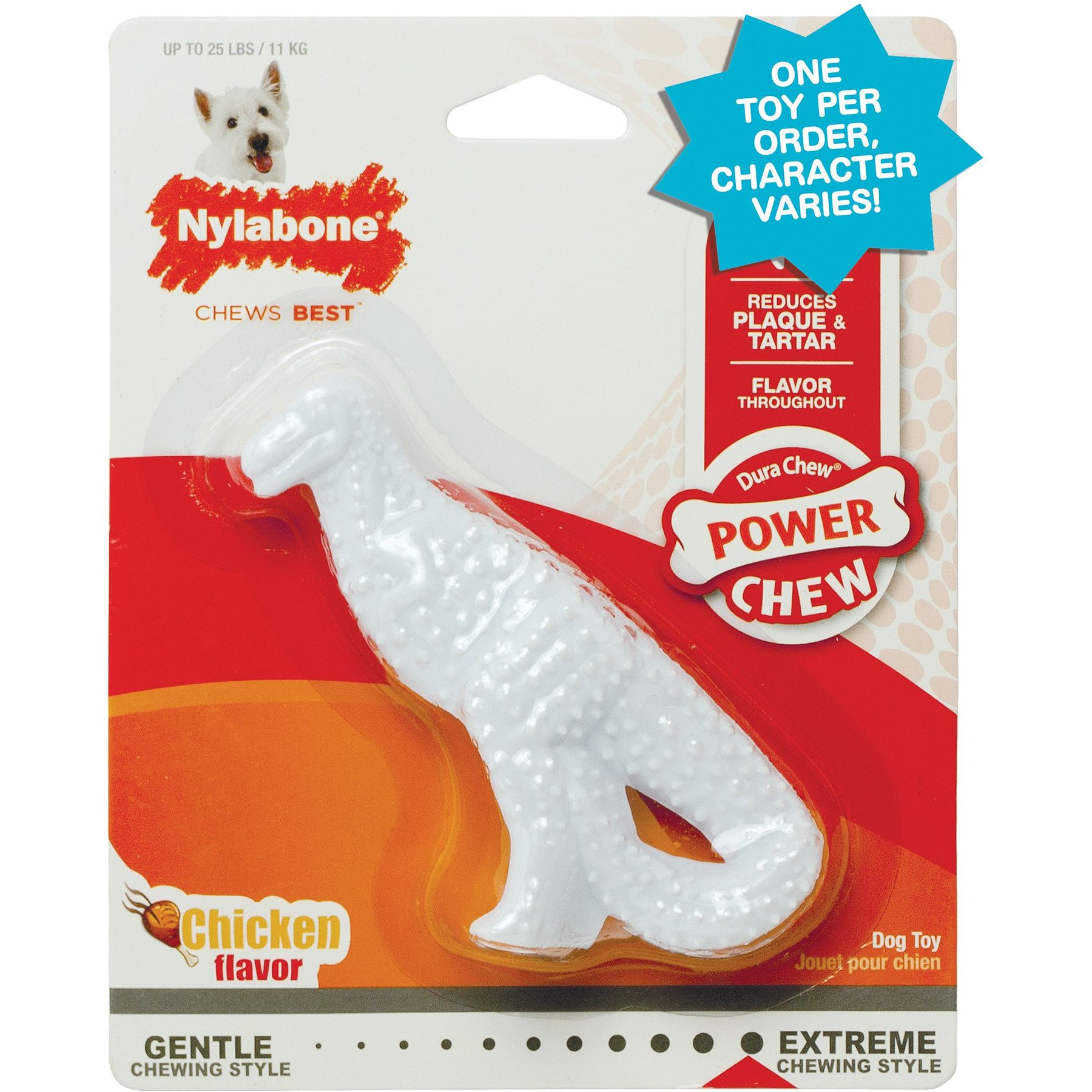 Nylabone Power Dental Chicken Flavored Dinosaur Dog Chew Toy, Character Varies