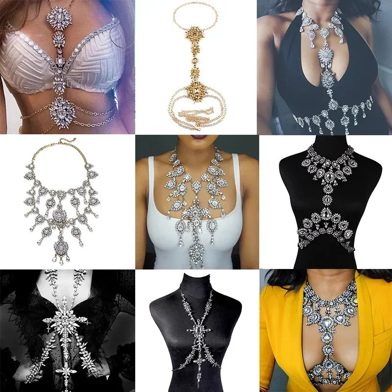 Multi layer crystal chest chain with necklace suspender bikini accessories sexy rhinestone body chain long necklace jewelry for women241121