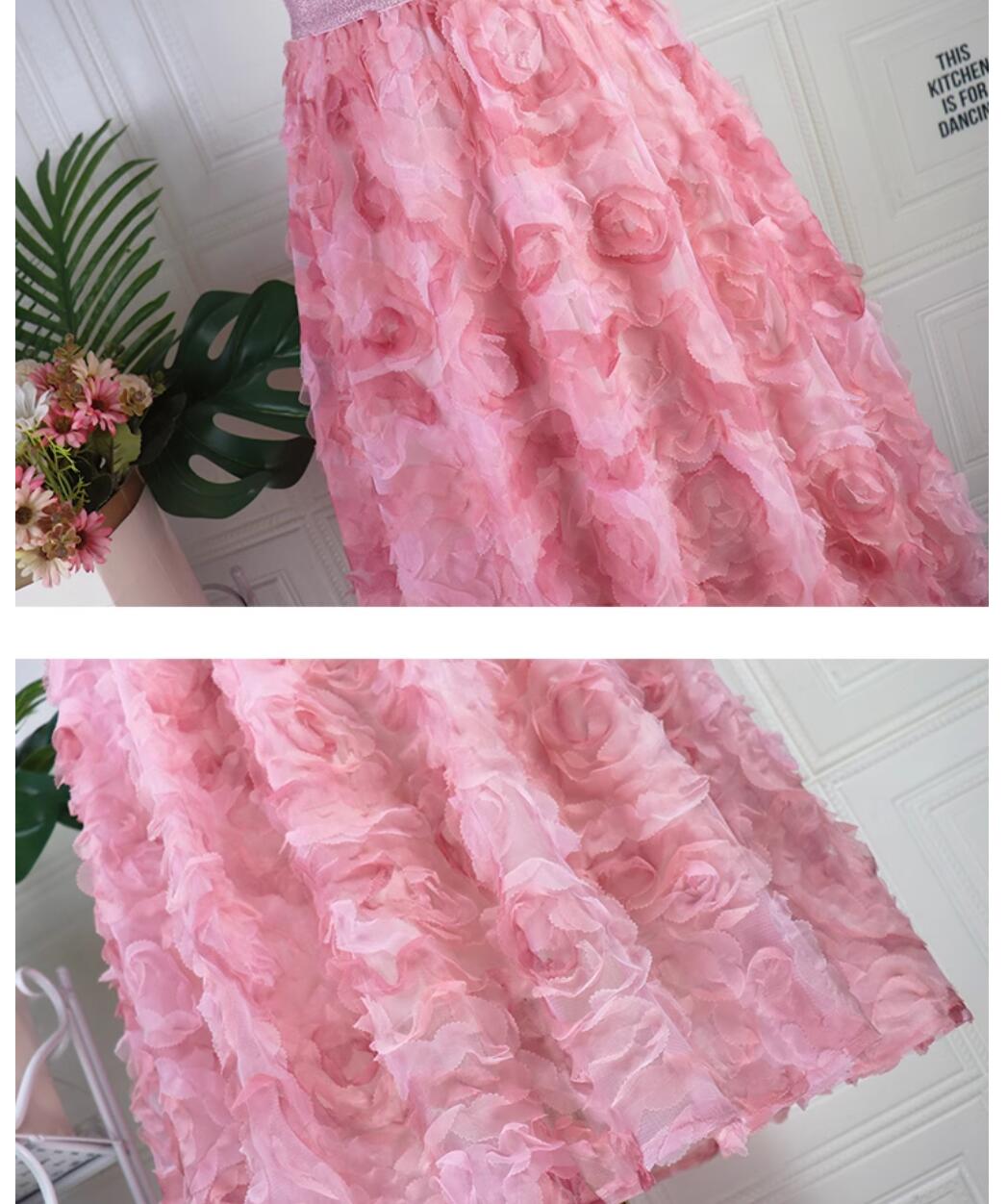 Female elastic waist rose flower gauze fashion French elegant ball dress long skirt pink purple 2 color SL