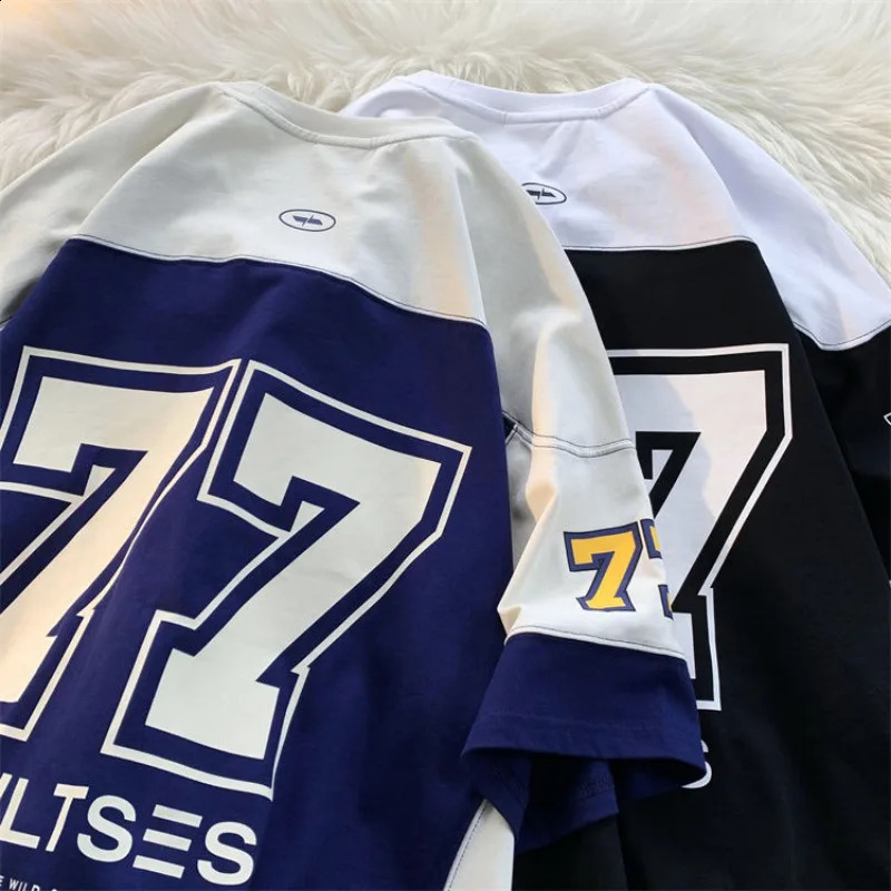 Mens round neck short sleeved T-shirt summer American hip-hop retro college style trend Harajuku T-shirt 241118