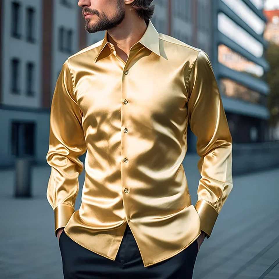 Elegant Satin Silk Mens Dress Shirt Slim Fit Long Sleeve Cocktail Party Luxury Button Down Casual Suit ShirtXJ250121