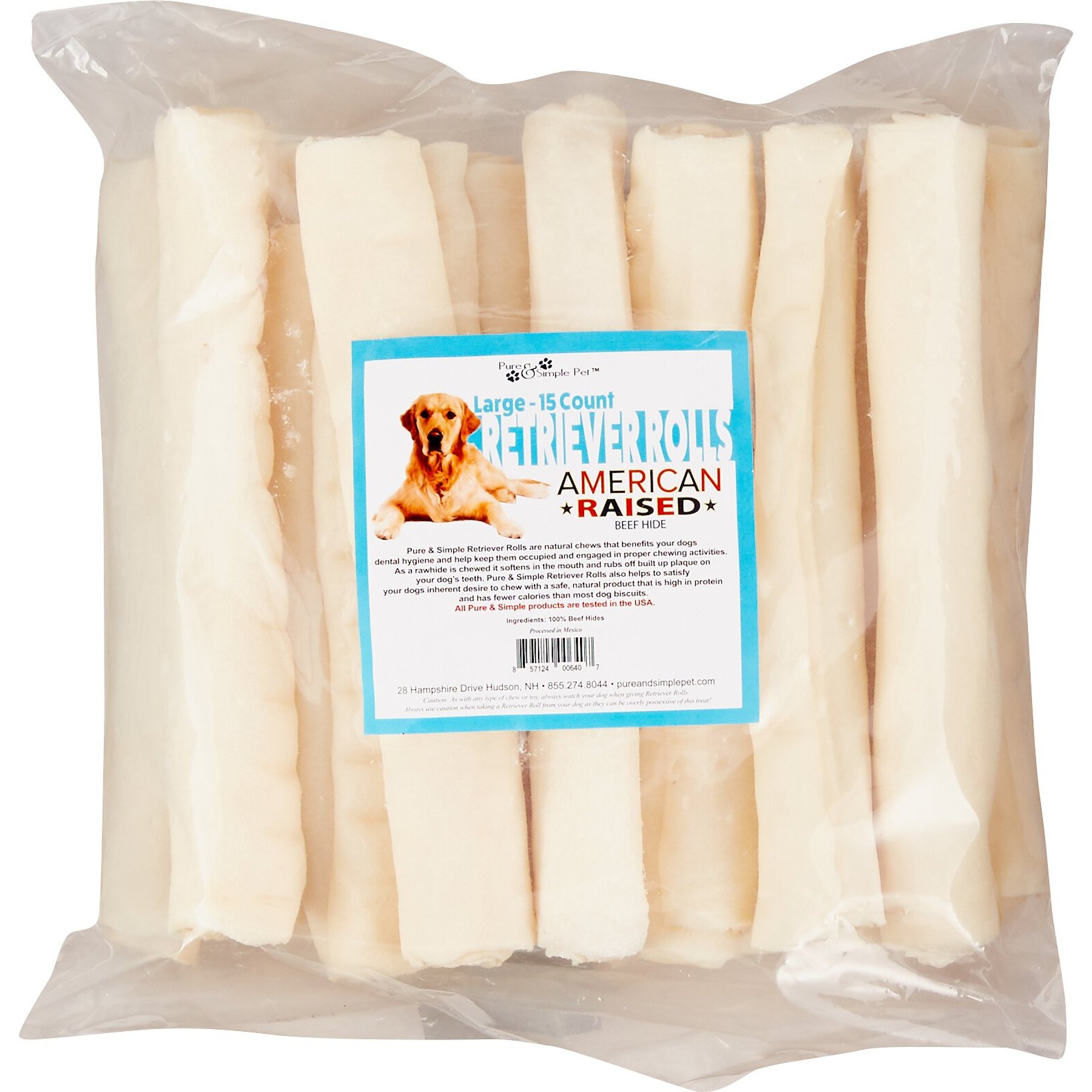 Pure & Simple Pet 8" Rawhide Retriever Roll Dog Treat, Large