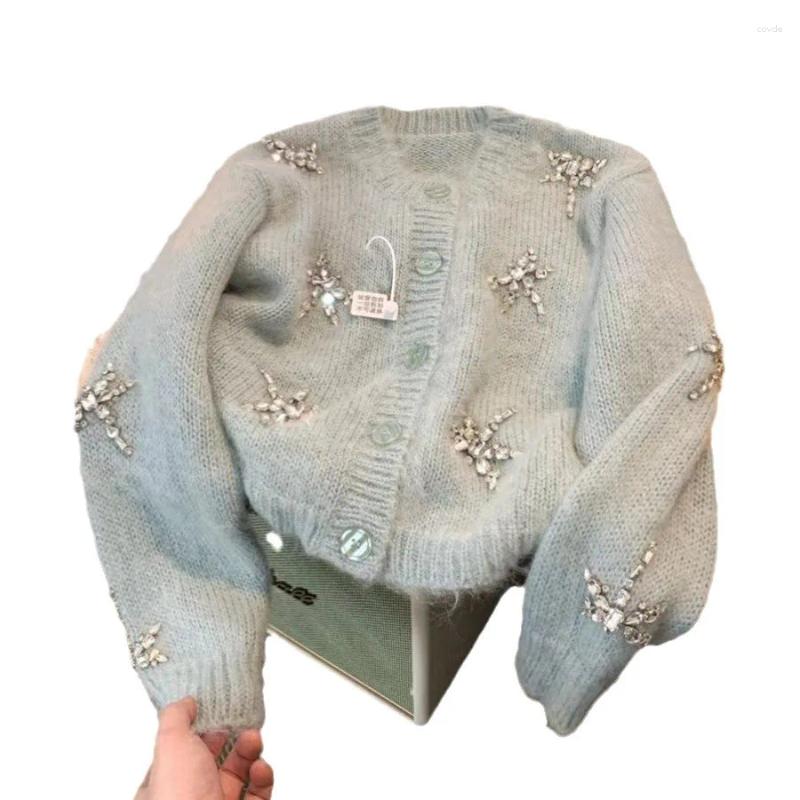 Blue Dia Studded Knitted Jacket For Women - Soft, Western Style Short Sweater