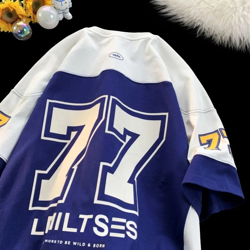 Mens round neck short sleeved T-shirt summer American hip-hop retro college style trend Harajuku T-shirt 241118