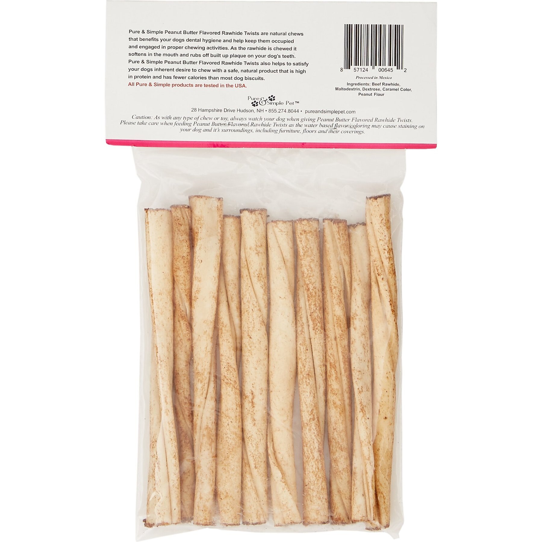 Pure & Simple Pet Peanut Butter Flavored Rawhide Twist Dog Treat, 5-in