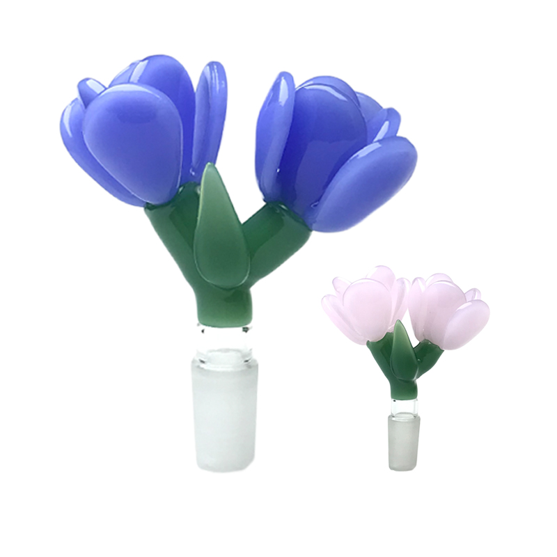 14mm 18mm Male Colorful Glass Bong Bowl with 2 Flower Head White Pink Blue Thick Pyrex Colored Smoking Bowls Glass Water Pipes