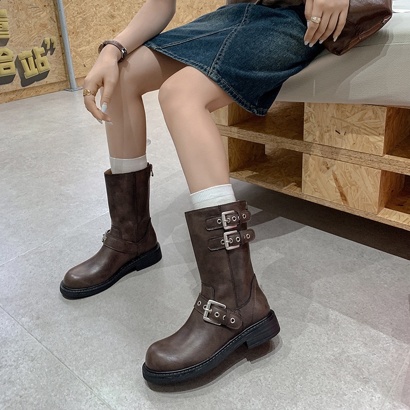 2024 Autumn Black Platform Combat Latch Ankle for Women Buckle Strap New Woman Thicken Winter Motorcycle Boots
