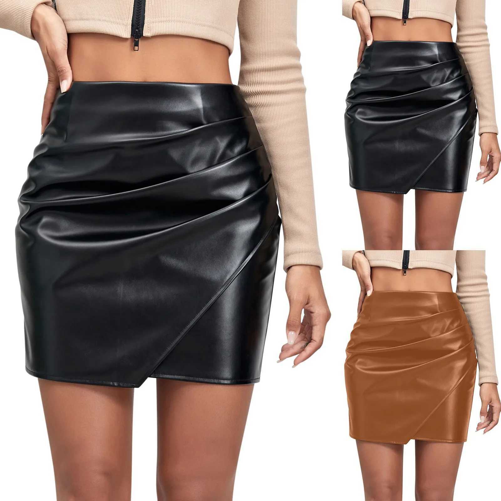 Skirts Swimsuit Skirt 2023 Womens Sexy High Waisted Irregular PU Leather Skirt Nightclub Spicy Girls Buttock Skirt Overalls for Women Y240420