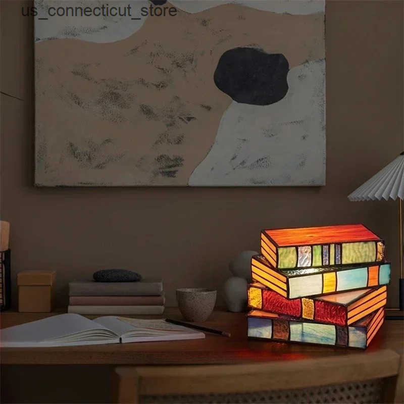 2025 new Stained Glass Lamp Night Table Reading Book Light Nightstand Desk Lamps Handicraft Stacked Books