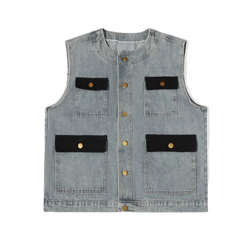 HOUZHOU Mens Sets Cargo Denim 2 Piece Outfits Male Patchwear Jeans Pants Vests Sleeveless Casual Korean Streetwear Hip Hop 240415
