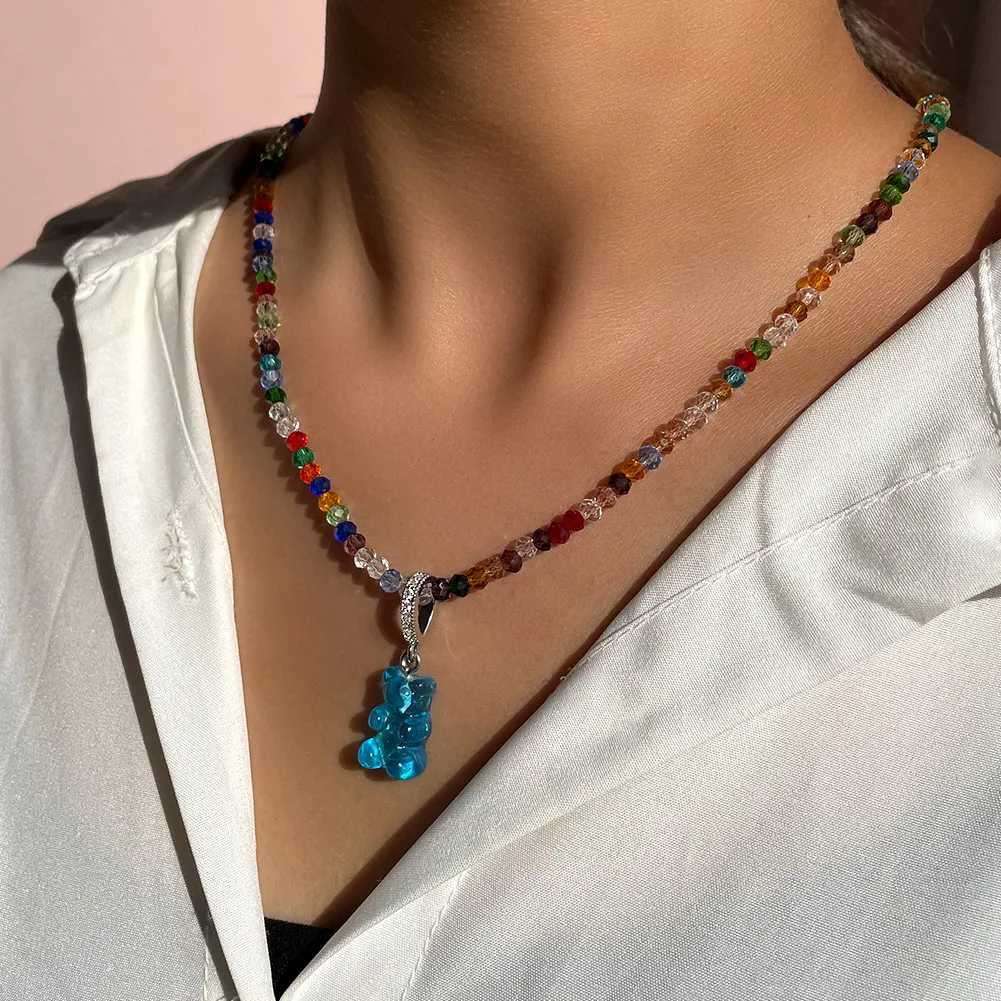 Pendant Necklaces 2021 New Shiny Gradient Gummy Bear Glass Beaded Necklace For Women Girl Silver Color CZ Bears Pendant String Beads Jewelry Gifts Y24