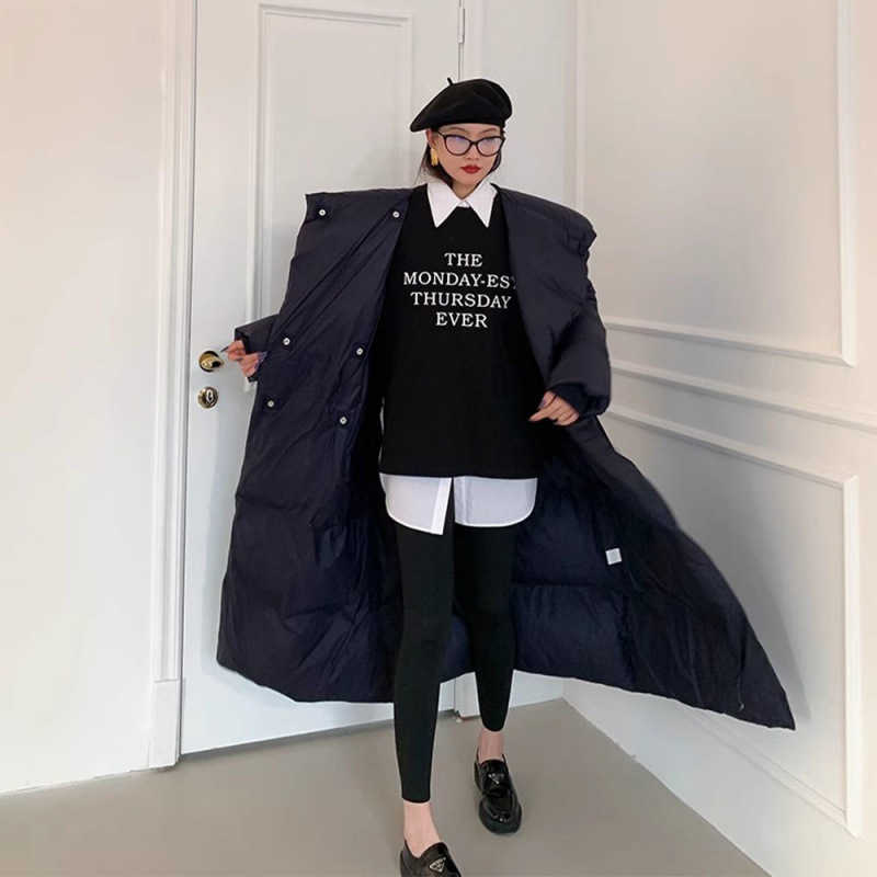 New big lapel strap temperament collar long solid color loose thickened down jacket irregular waist elegant womens coat W241019