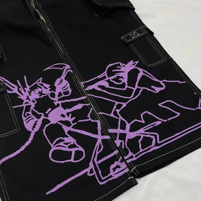 Y2K Sweater Jeans Two Piece Sets Men Women Oversize Anime Graphic Knitwear Embroidery Pullover Haruku Punk Streetwear Trousers 240415