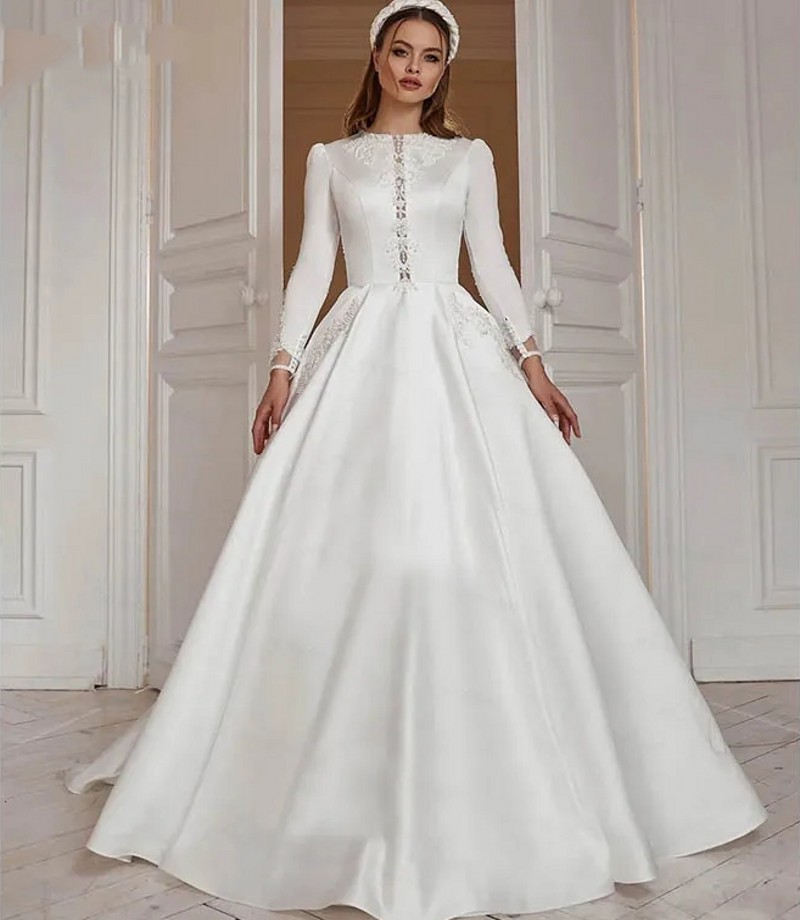 2024 Princess Satin Wedding Dress Boat Neck Lace Appliques Sequins Beads A-Line Bridal Bride Gowns Dubai Vestido De Novia Mariage