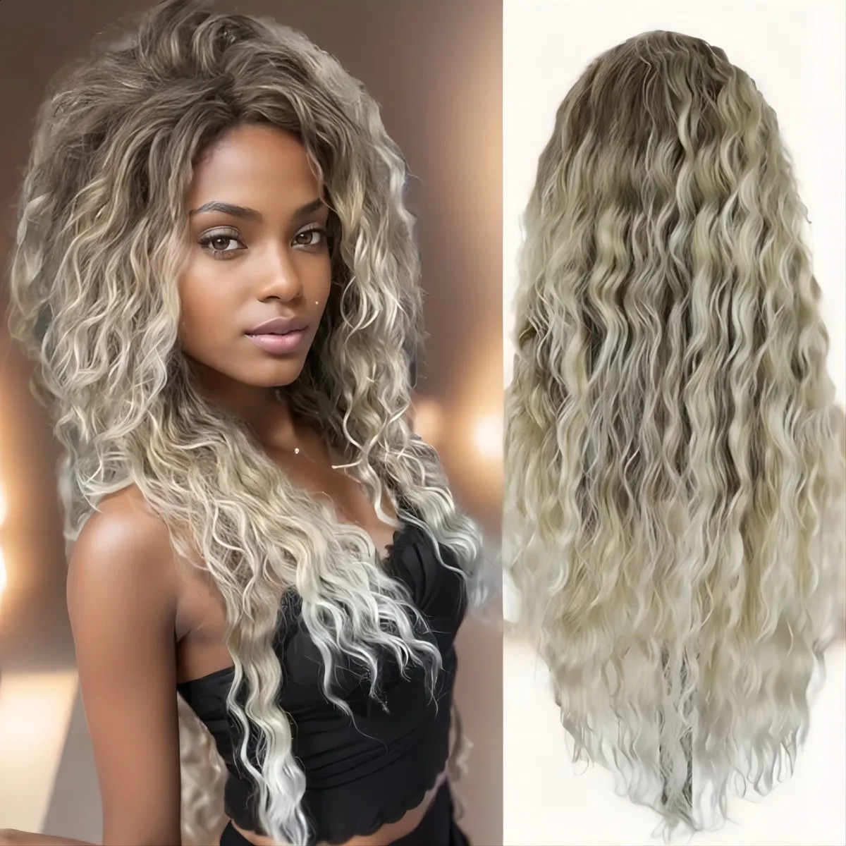 Grey blonde curly hair wig synthetic long curly hair wig suitable for women fluffy hairstyle wave Ombre wig clothing carnival party regular wig 241120