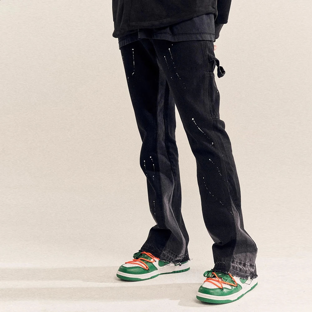 Vintage Streetwear Flared Pants Hip Hop Splashing Ink Wide Leg Jean Overalls for Men Fashionable Retro Patchwork Jeans 241121 Free sh