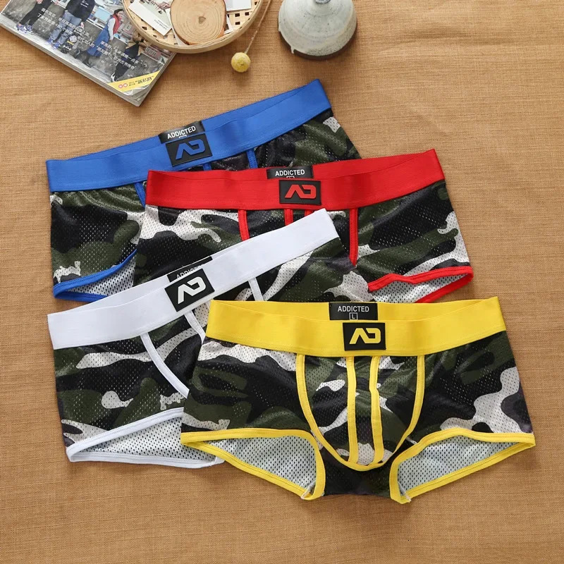 Mens nylon mesh breathable cool Camouflage underwear addicted youth boxer briefs 240419