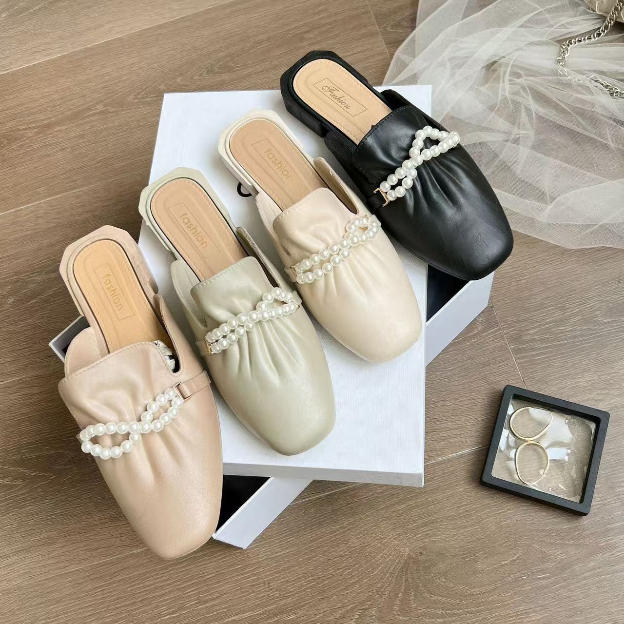 fashion leather designer bowknot slippers pointed toe slides mules for women low heel summer shoes outfoor flip ps