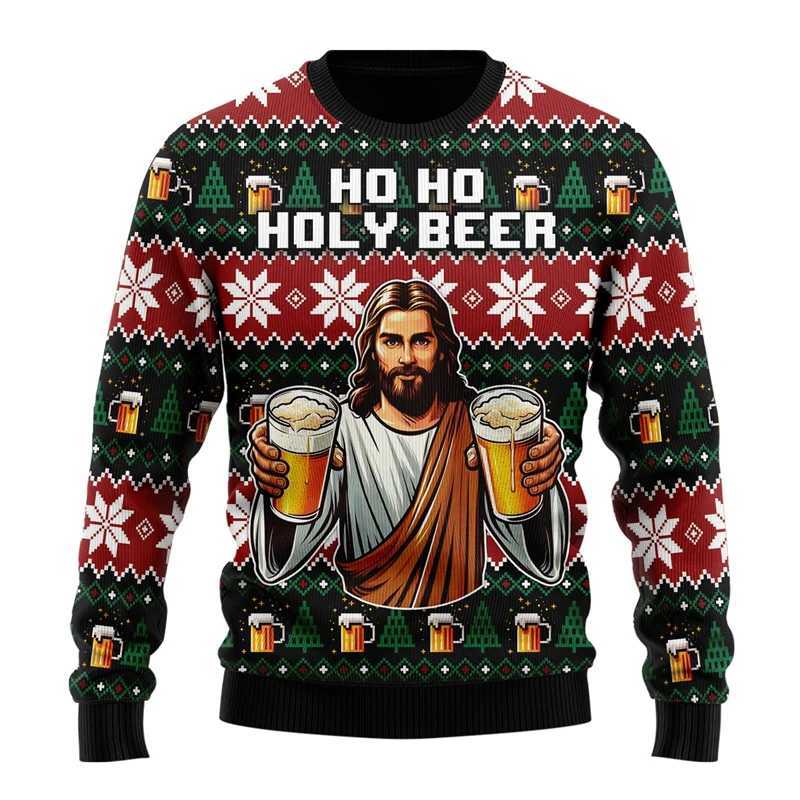 Fashionable beer ugly Christmas sweater womens clothing hip-hop bar party mens sweater casual mens latte art beer track set X24112011