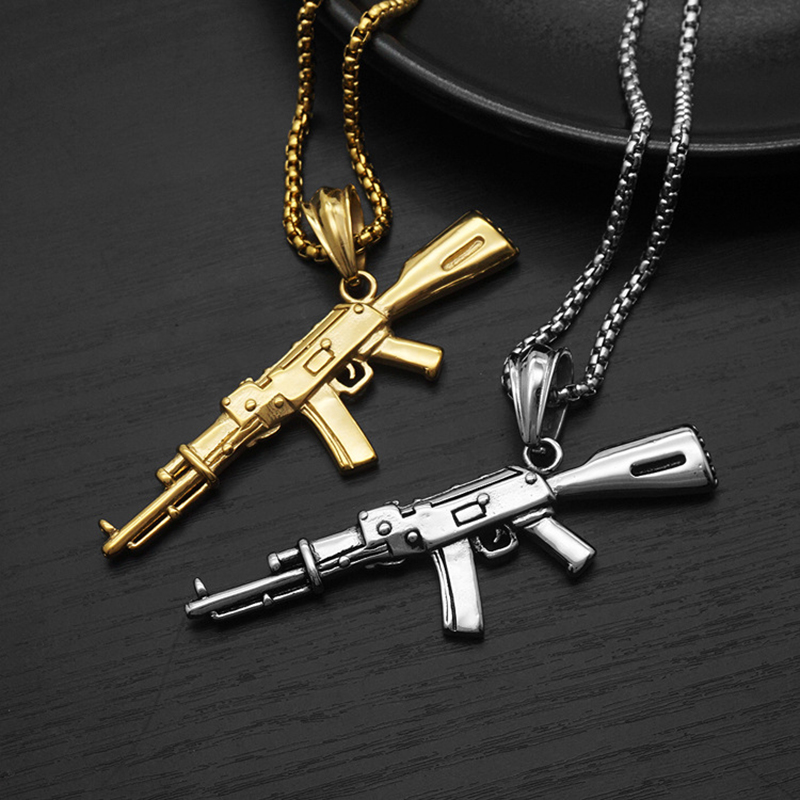 Hip Hop Vintage Punk Mens AK47 Pendant Necklace Stainless Steel 18K Gold Plated No Fade Jewelry