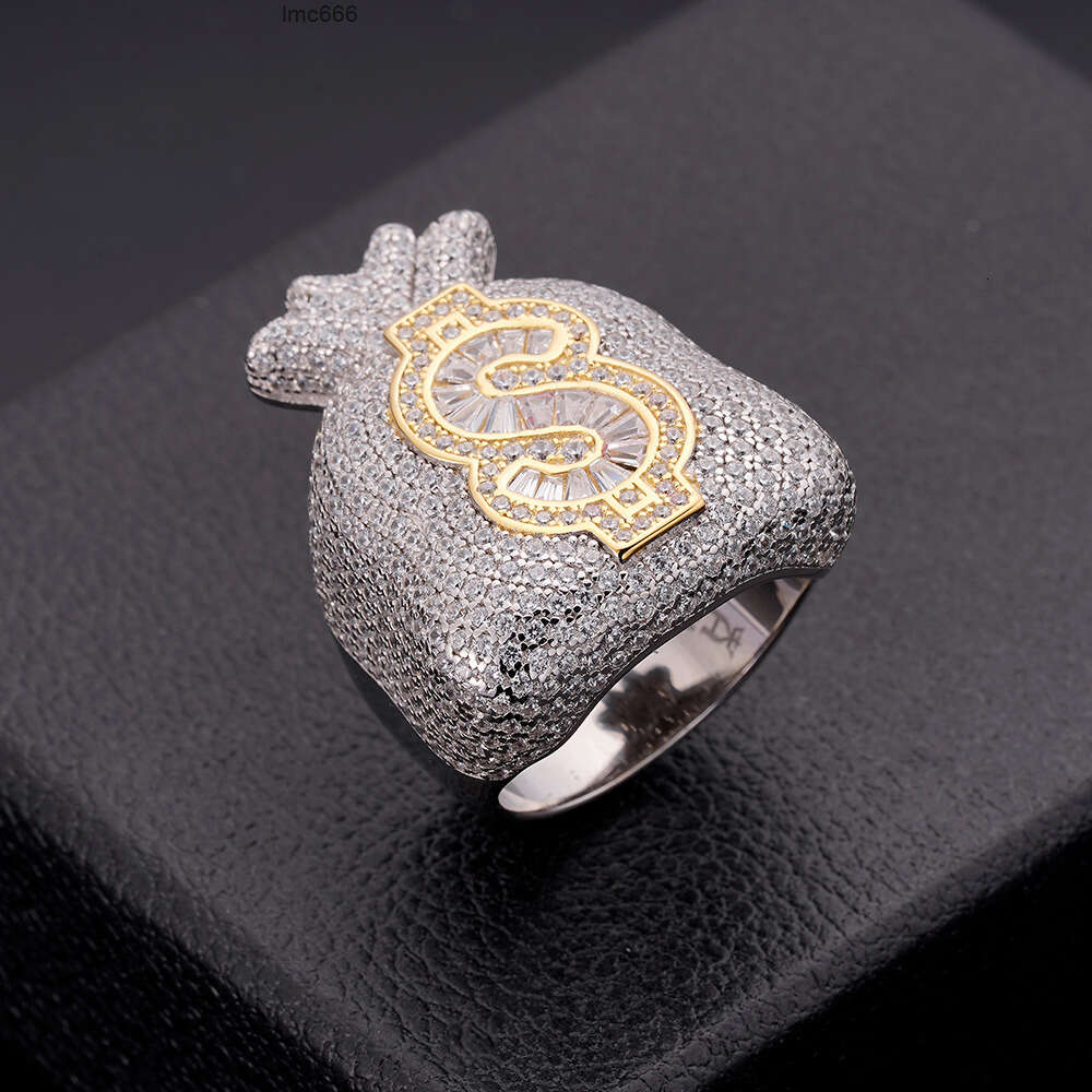 2024 Hip Hop Iced Out Cz Moissanite Dia Baguette Money Bag Symbol Sign 14k Gold Plated Rapper Fashion Jewelry Rings m